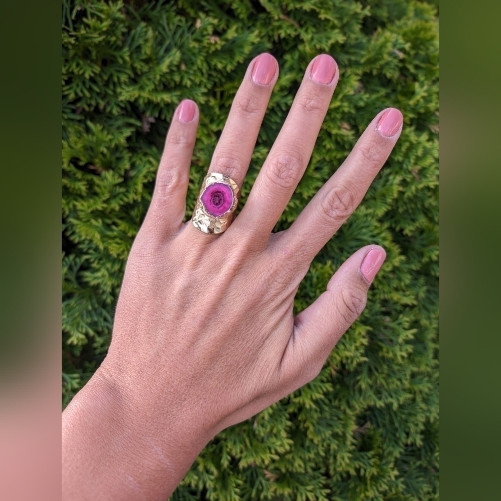 Artisan Handmade In Morocco Adjustable Pink Geode Wide Band Gold Ring Size 9.25